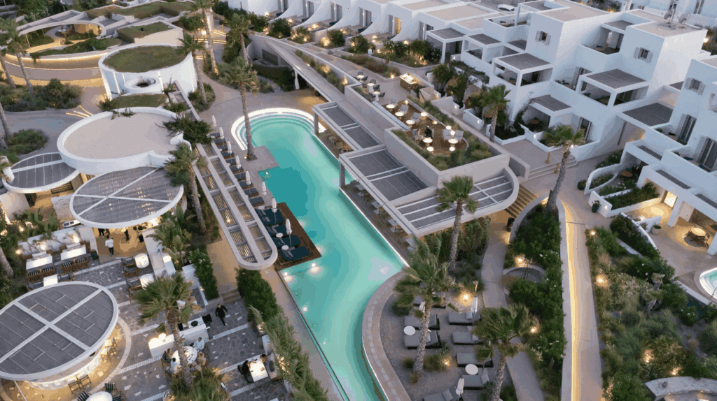 Aerial view of Astir of Paros luxury resort and pool