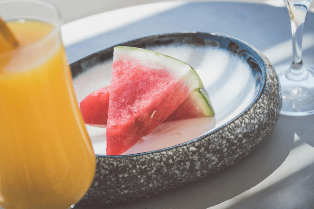 Fresh watermelon and orange juice served at a luxury resort in Milos