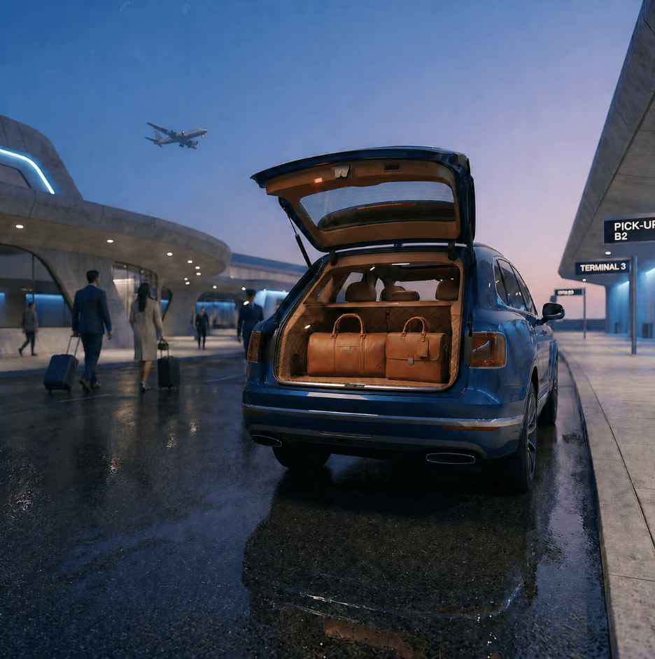 Premium leather luggage being carefully loaded into the trunk of a luxury black SUV ground transfer after a VIP helicopter landing