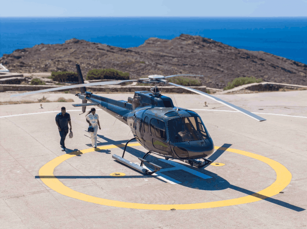 Private helicopter arrival at Paros helipad