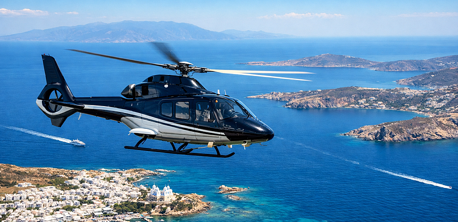 Executive twin-engine helicopter flying over Cyclades islands and Aegean Sea