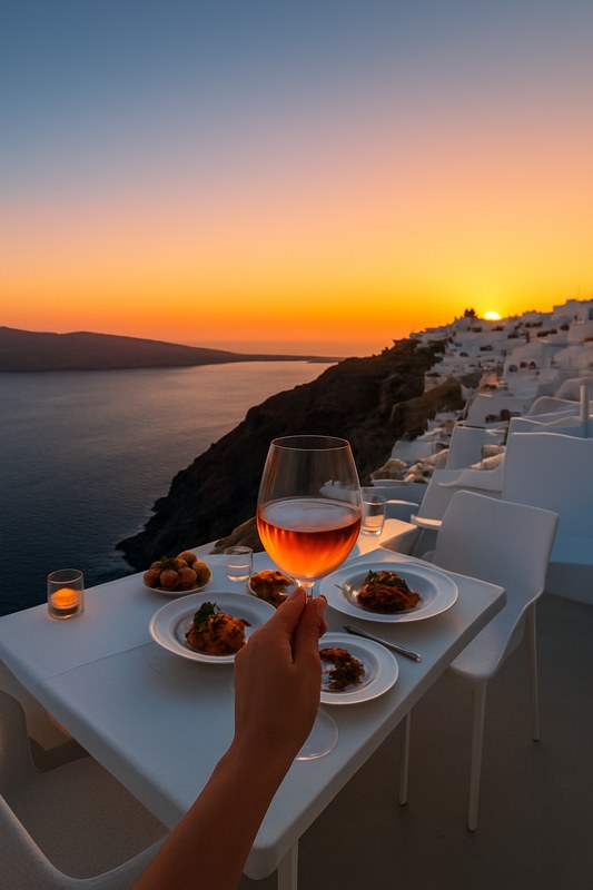 Santorini caldera restaurant at sunset for luxury travel guests