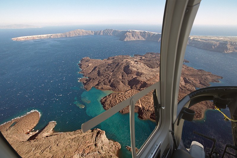 Aerial view of Santorini caldera from inside the helicopter
