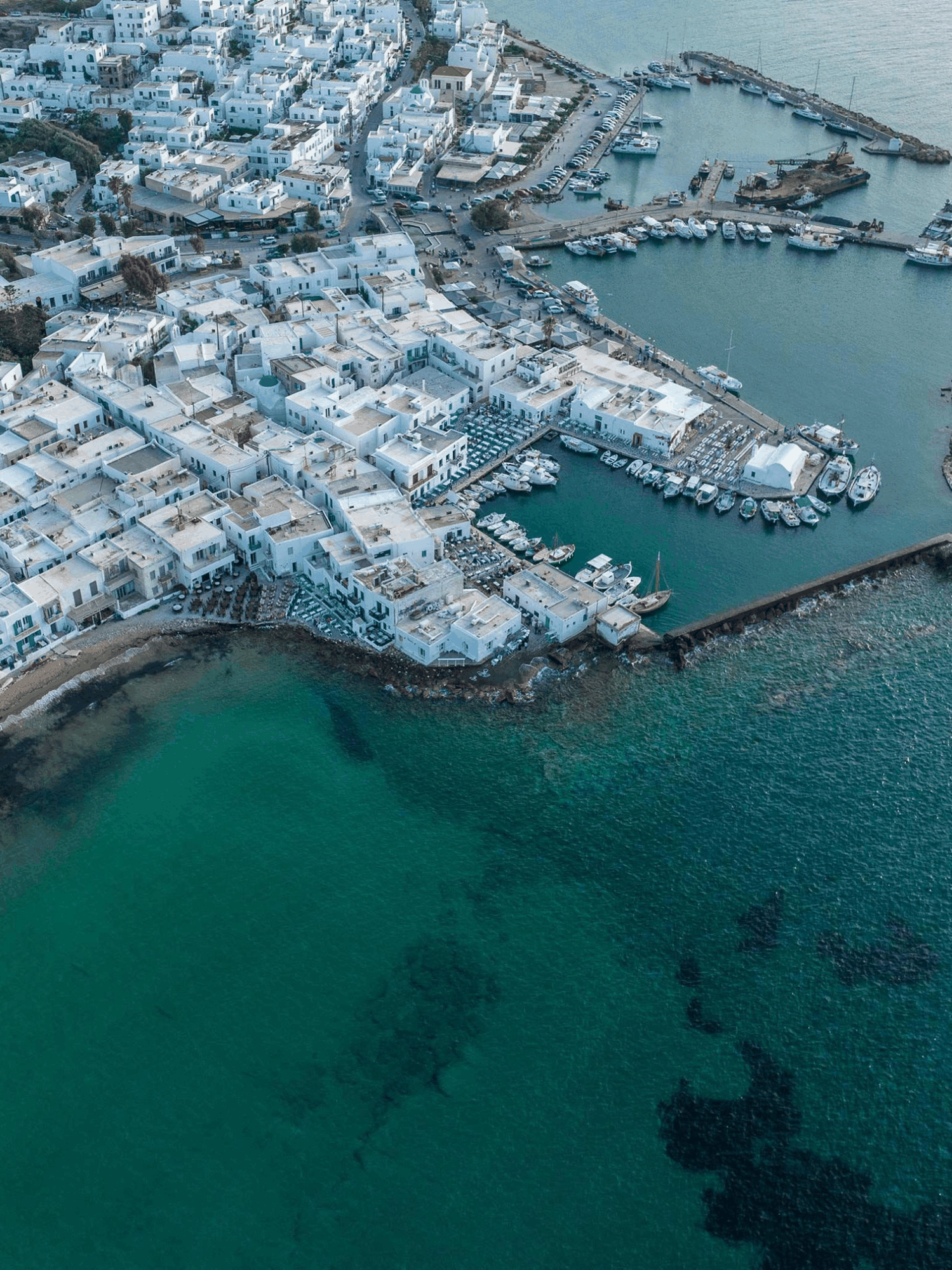 Aerial view of Naoussa Paros for a private helicopter transfer